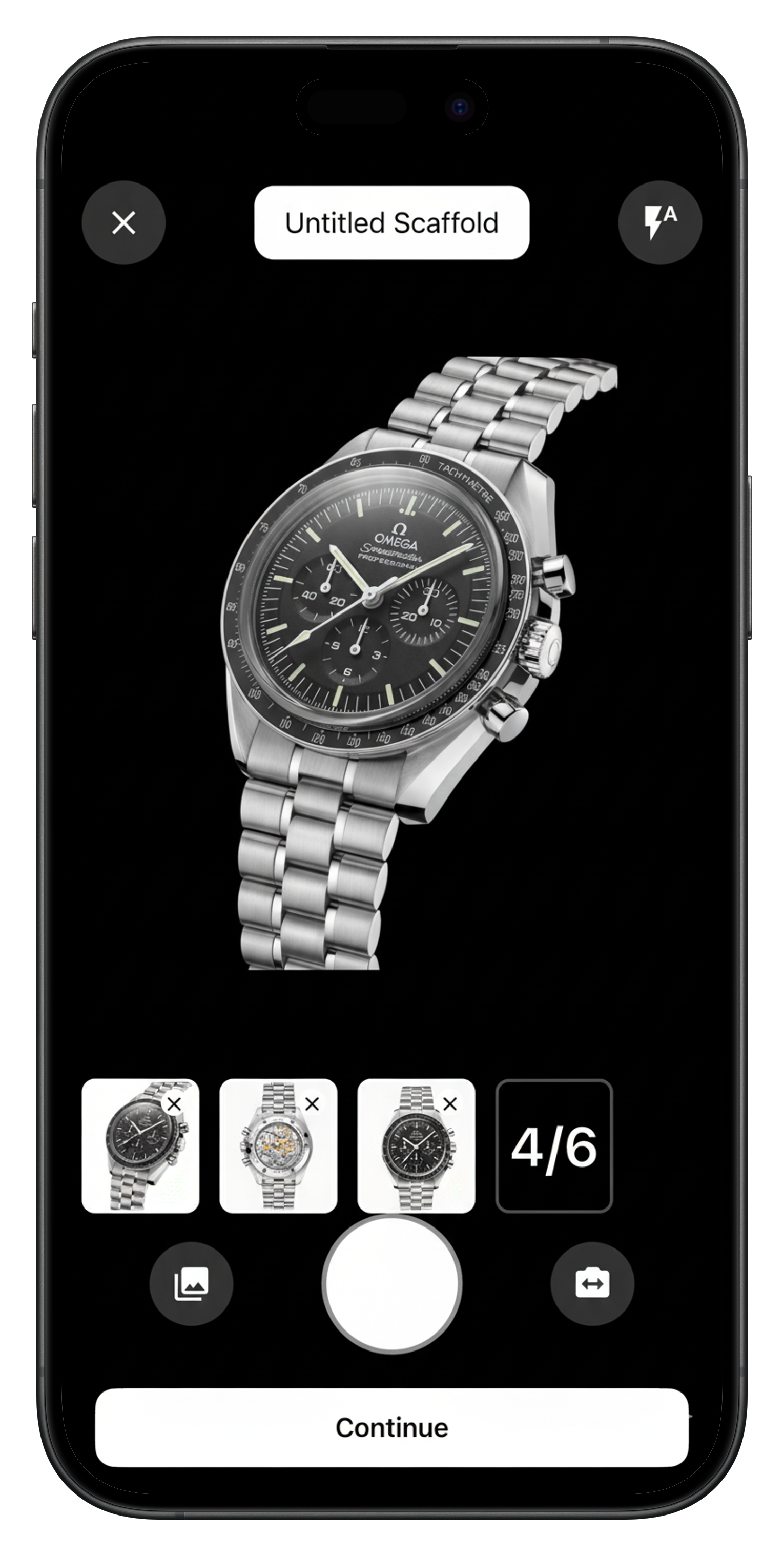Mobile screen showing Sails camera interface with multiple watch photos ready for upload.