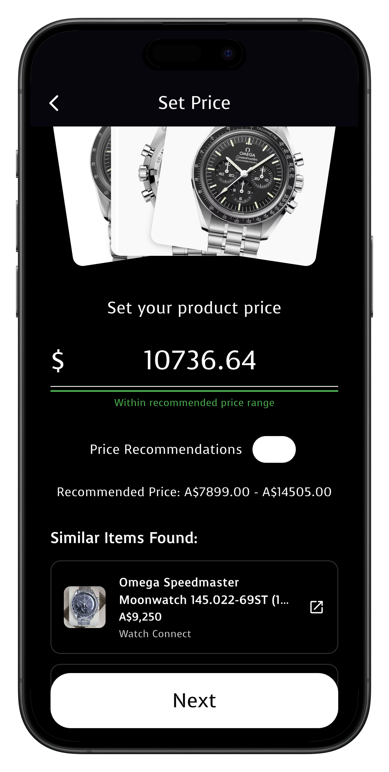 Mobile screen displaying the generated product details for an Omega Speedmaster watch.