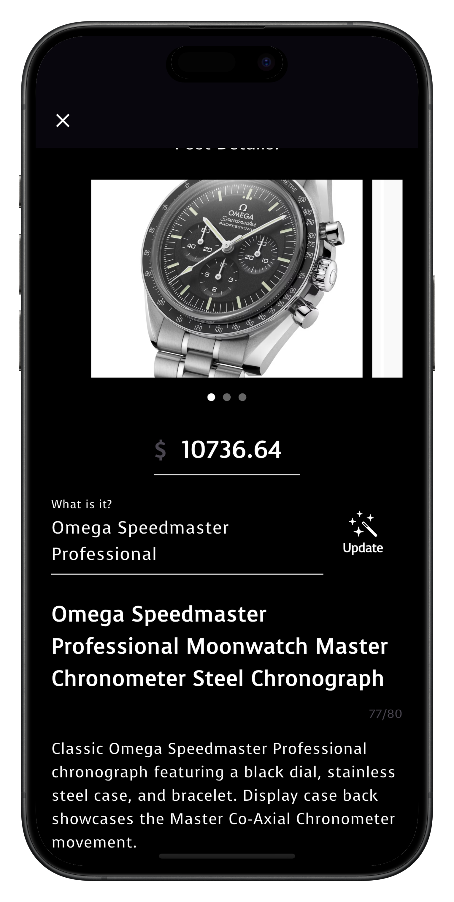 Mobile screen with Sails pricing slider and recommended price range for the product.