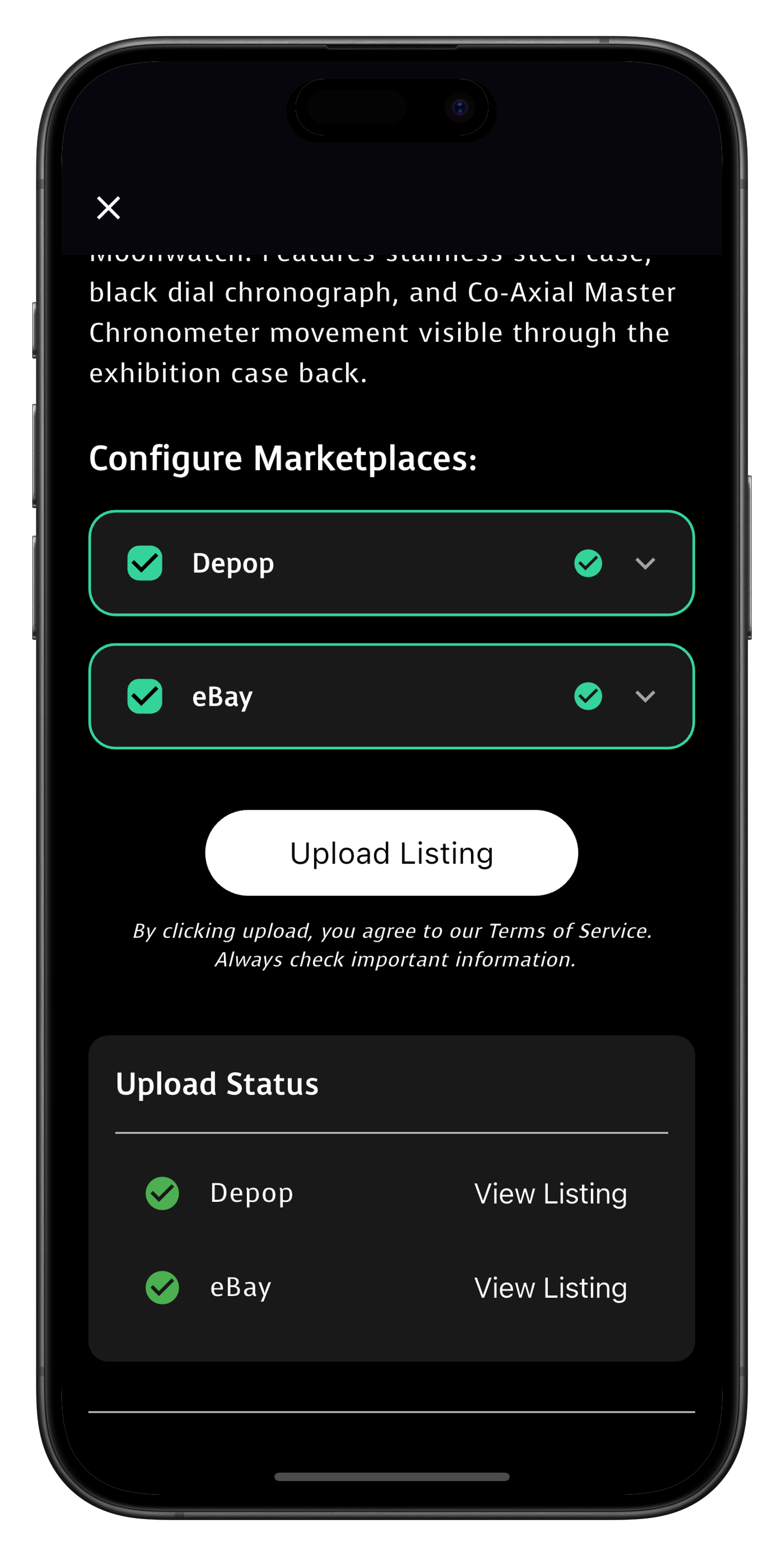 Mobile screen showing Sails marketplace toggles and upload status for Depop and eBay.